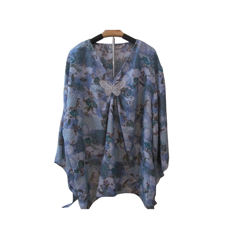 Erica Brooke Collection Kaftan Top OS‎ Blue Paisley Butterfly Boho Tunic